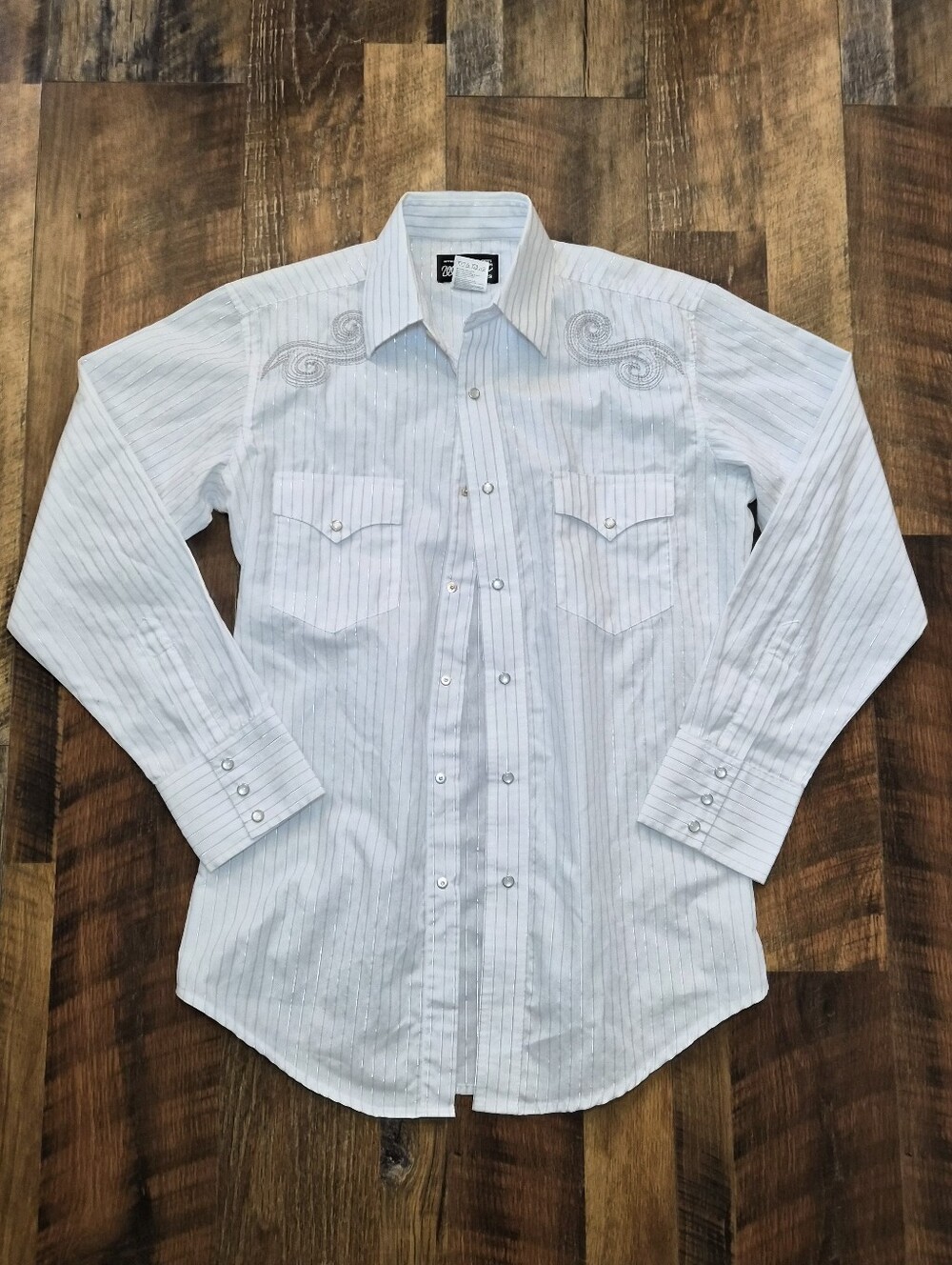 WRANGLER Men Western Shirt White Silver Stripes Long Sleeve Pearl Snap Small